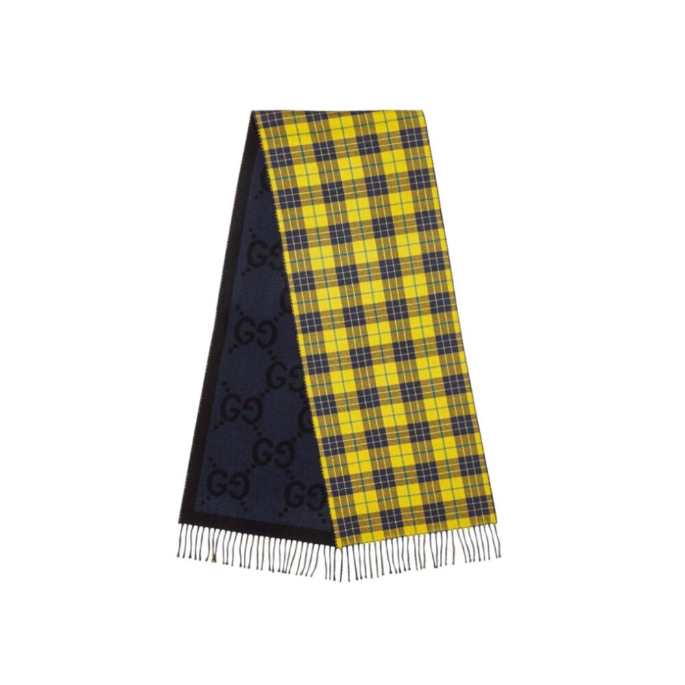 NEW Gucci GG Logo Tartan Plaid Scarf Womens Mens Navy Blue Yellow Wool Fringe